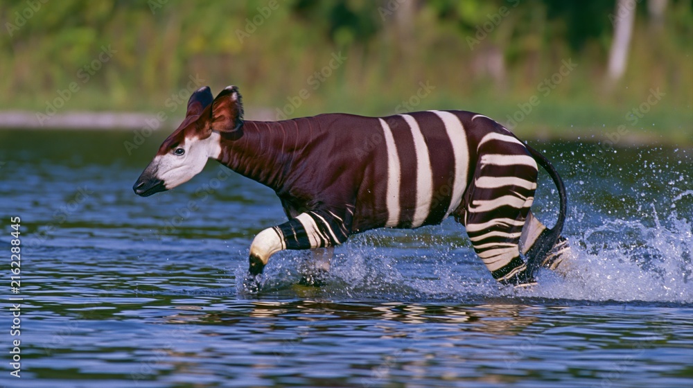 Naklejka premium Okapi Running Through Water Body