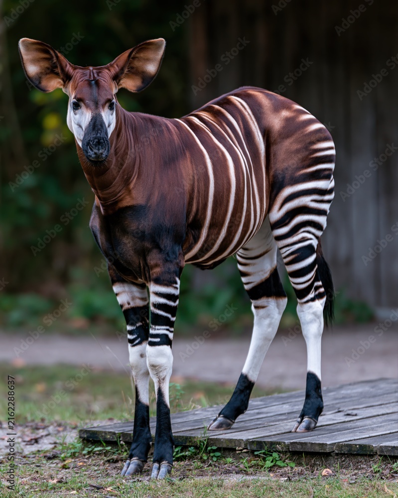 Naklejka premium Okapi Standing On Wooden Platform Outside Green Foliage With White Vertical Stripes
