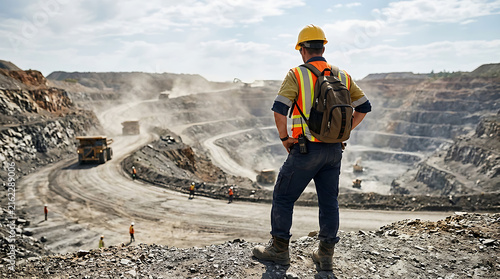 Construction worker standing in open pit mine site.