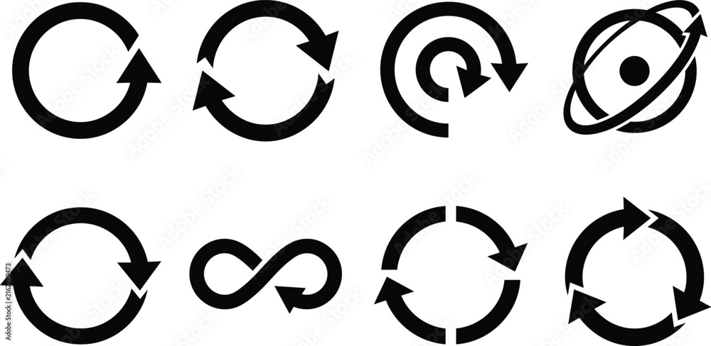 Fototapeta premium Black Circular Arrow Icons Representing Cycle, Rotation, Infinity, and Continuous Motion Concepts