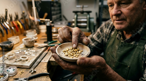 Elderly craftsman examining grains in wooden bowl.