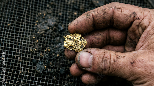 Hand holding a raw gold nugget freshly mined.