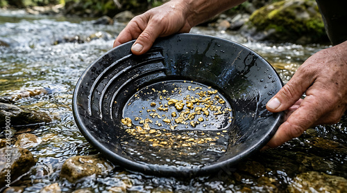 Hands holding a metal pan with gold flakes in a stream 1.