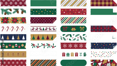 Christmas Decorative Washi Tape Strips and Festive Pattern Ribbon Vector Collection