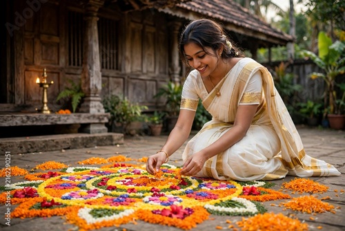 Elegant Woman in Kasavu Saree Decorating a Pookalam