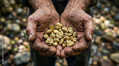 Hands holding raw gold nuggets from mining.