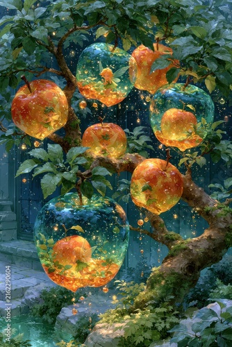 Fantasy digital illustration of magical apple tree with fairies inside glowing fruit