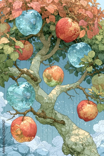 Anime style sleeping fairies in bubble apples illustration for fantasy concept