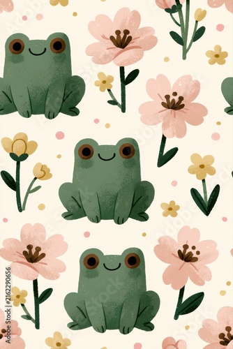 Seamless pattern adorable green frogs and pink blossoms vector for kids fabric