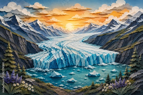 Glacier valley with turquoise lake and dramatic mountain landscape at sunset