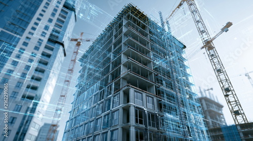 建設中の高層ビルとデジタルツインを融合した建設DX・スマート建築のイメージ