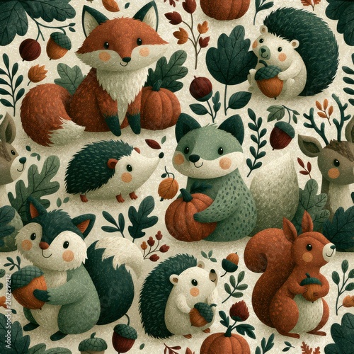 Hand drawn autumn woodland animals and pumpkins seamless pattern