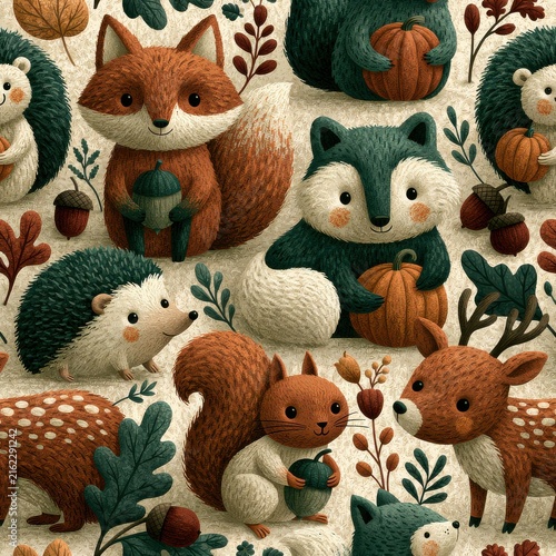 Hand drawn cute woodland animals and autumn pumpkins seamless pattern