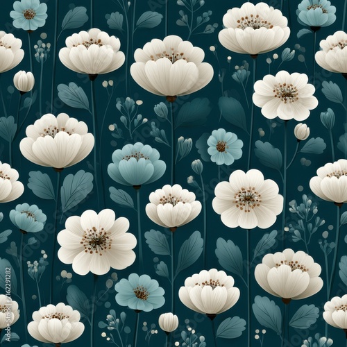 Elegant seamless floral pattern with white and blue flowers