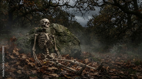 Eerie Skeleton Rises From Autumn Leaves In Dark Forest.