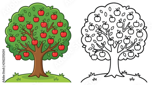Apple tree with red fruit and green foliage is a vector illustration