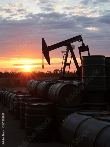 Oil barrels stacked outdoors with an oil pumpjack in the background during sunset, fuel, energy