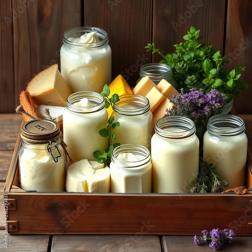 Old wooden crate overflowing with fresh cream, glass jars of homemade butter, and fragrant herbs, cream, farmhouse