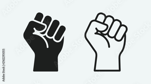 Raised fist silhouettes in black and white linear vector design
