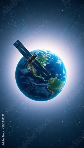Orbiting satellite above Earth's blue planet against cosmic background, earth from space, stunning orbit