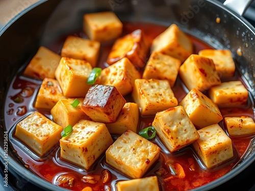 Pan-seared tofu cubes sizzling in a savory sauce, vegetables, protein