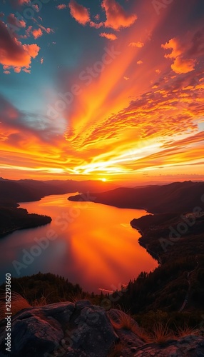Panoramic landscape with sunset over lake, sky ablaze with oranges and pinks, Warmth of Sunset, Colorful Sky