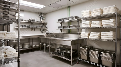 Clean commercial kitchen with stainless steel sinks  shelves holding folded towels and stacked trays  and bright overhead lighting