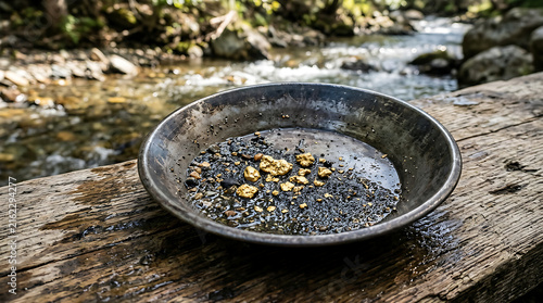 Metal pan with gold flakes by a forest stream.