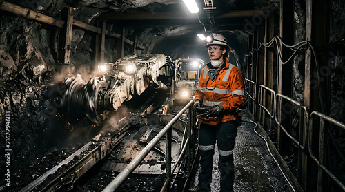 Miner inspecting underground tunnel with headlamp and safety gear.