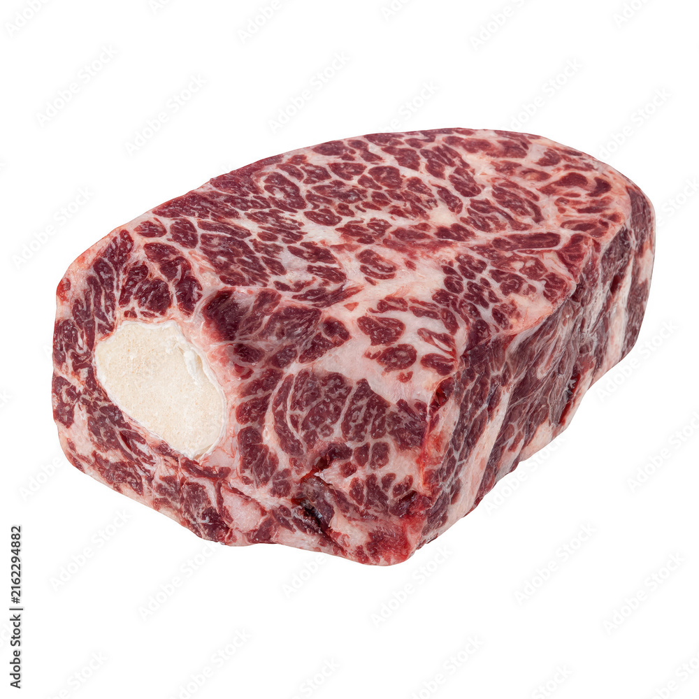 Obraz premium Freshly cut raw beef steak with visible marbling and fat cap transparent background