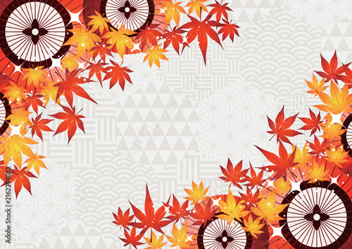 ハニカム和柄に紅葉と和傘、背景、秋、かわいい、イラスト、横