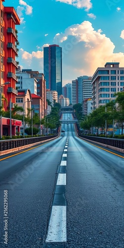 Paved highway stretches out, lined with urban structures, buildings, asphalt