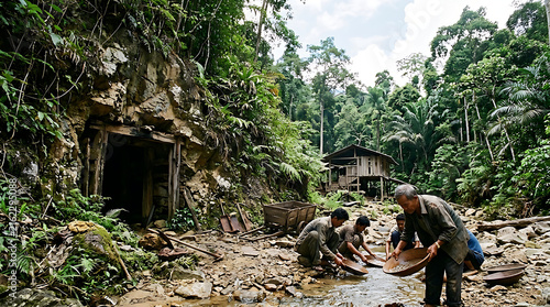 Miners working in a tropical riverbed for gold.