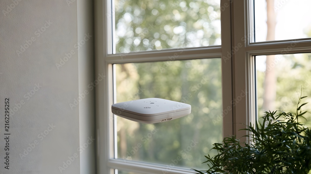 Naklejka premium A sleek white smoke detector mounted on a window frame with soft natural light filtering through glass panes and greenery visible outside