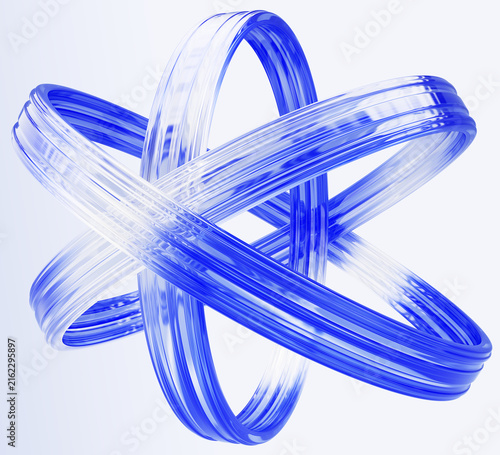 Abstract blue glass rings, atom structure 3D model, circle lines in orbits shape speed in space, modern technology symbol isolated on light background for science design projects. 3D illustration