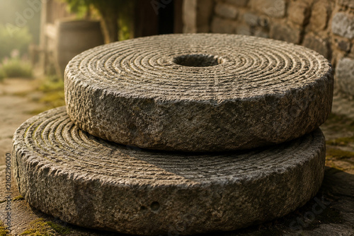 Two massive, weathered stone millstones with concentric grooves in soft morning light.