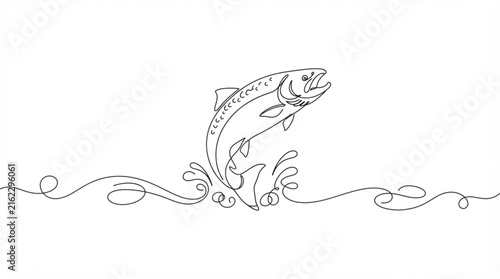  Leaping fish continuous line art vector single line drawing salmon wave horizon icon