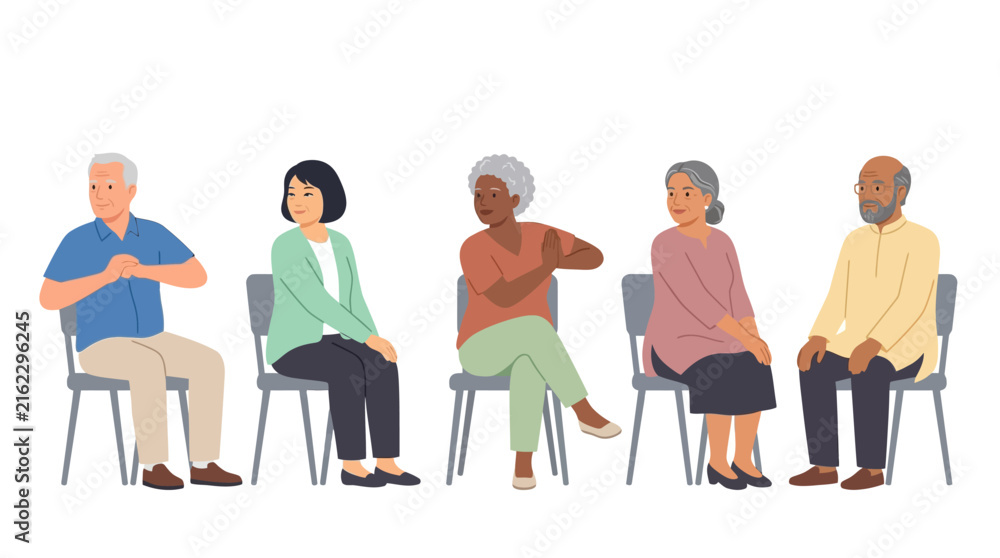 Obraz premium Senior citizens perform gentle torso twists and seated stretches during a group therapy session.