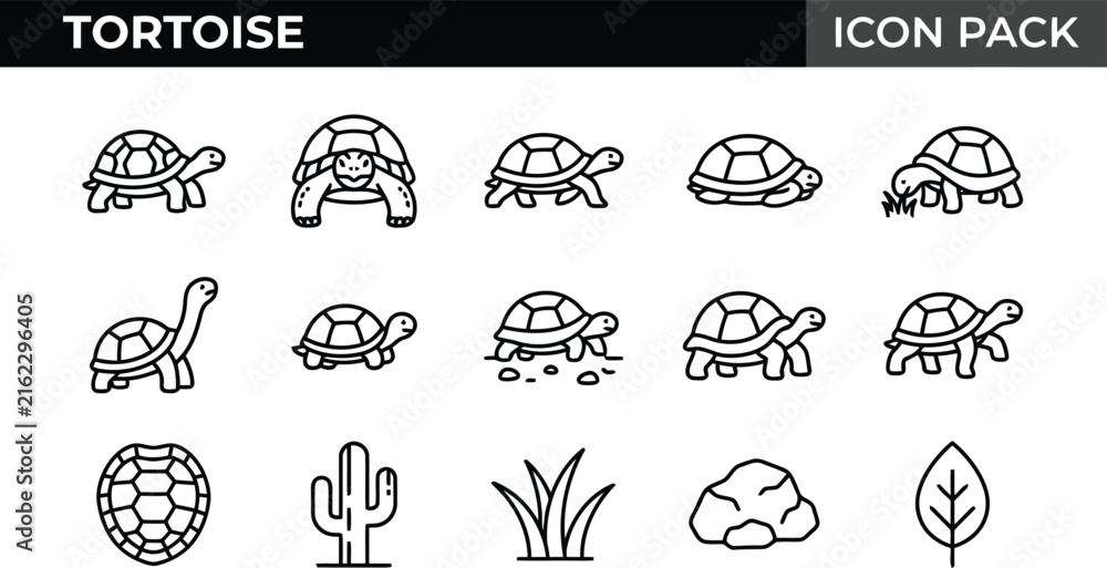 Fototapeta premium Set of Tortoise Outline Icons Featuring Various Turtle Poses and Desert Flora