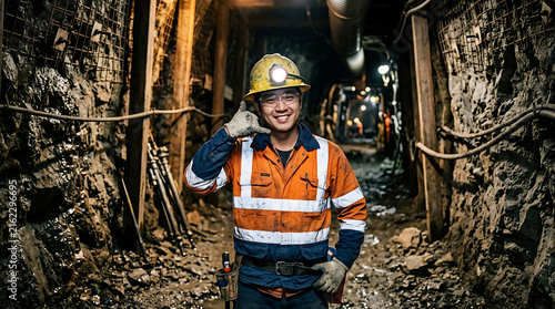 Smiling miner in underground tunnel with safety gear.