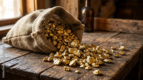 Spilled golden hops from burlap sack on wood.