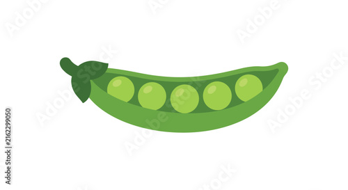 A green pea pod with seven round peas is depicted in a flat vector style