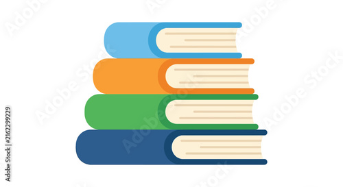 Stacked books with colorful covers are presented in a flat vector illustration