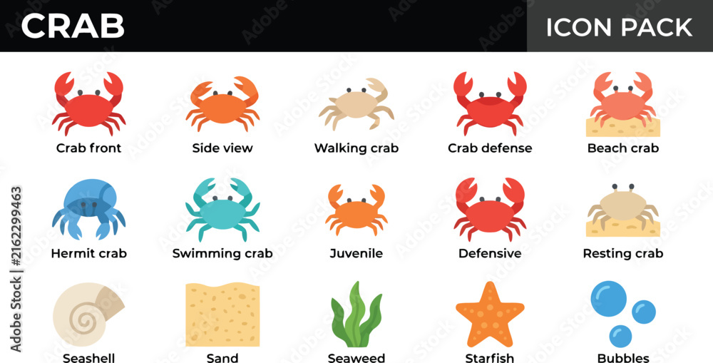 Fototapeta premium Set of colorful crab icons featuring various marine life species and sea elements