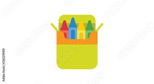 Colorful crayon box with assorted writing tools flat vector illustration on white