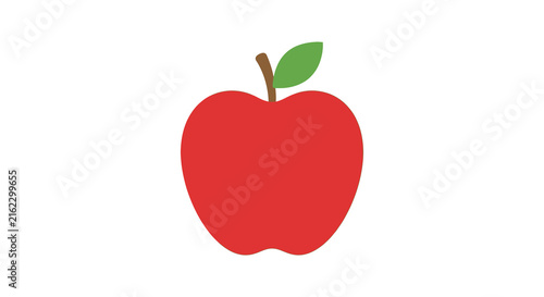 A red apple with a green leaf is depicted in a flat vector illustration