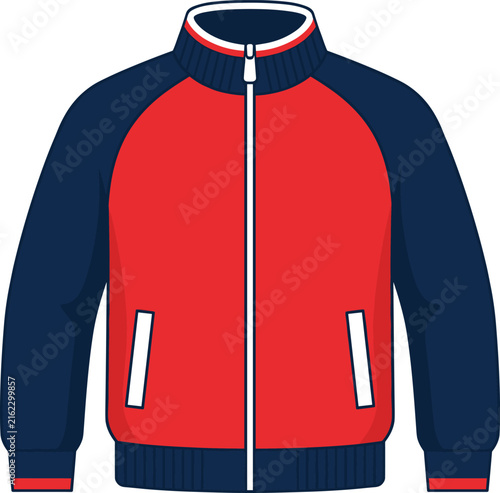 Red and navy bomber jacket illustration with zipper pockets and ribbed collar isolated on white background