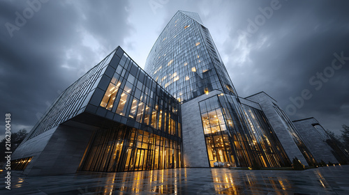 Sleek modern office building with reflective glass windows glowing warmly at dusk
