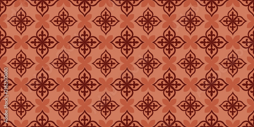 Canvastavla Classic damask style pattern displays intricate dark mahogany fleur de lis motifs on terra cotta orange background for luxury fabric printing