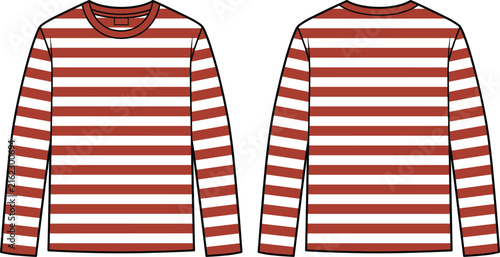 Red and White Striped Long Sleeve T Shirt Front and Back Vector Mockup